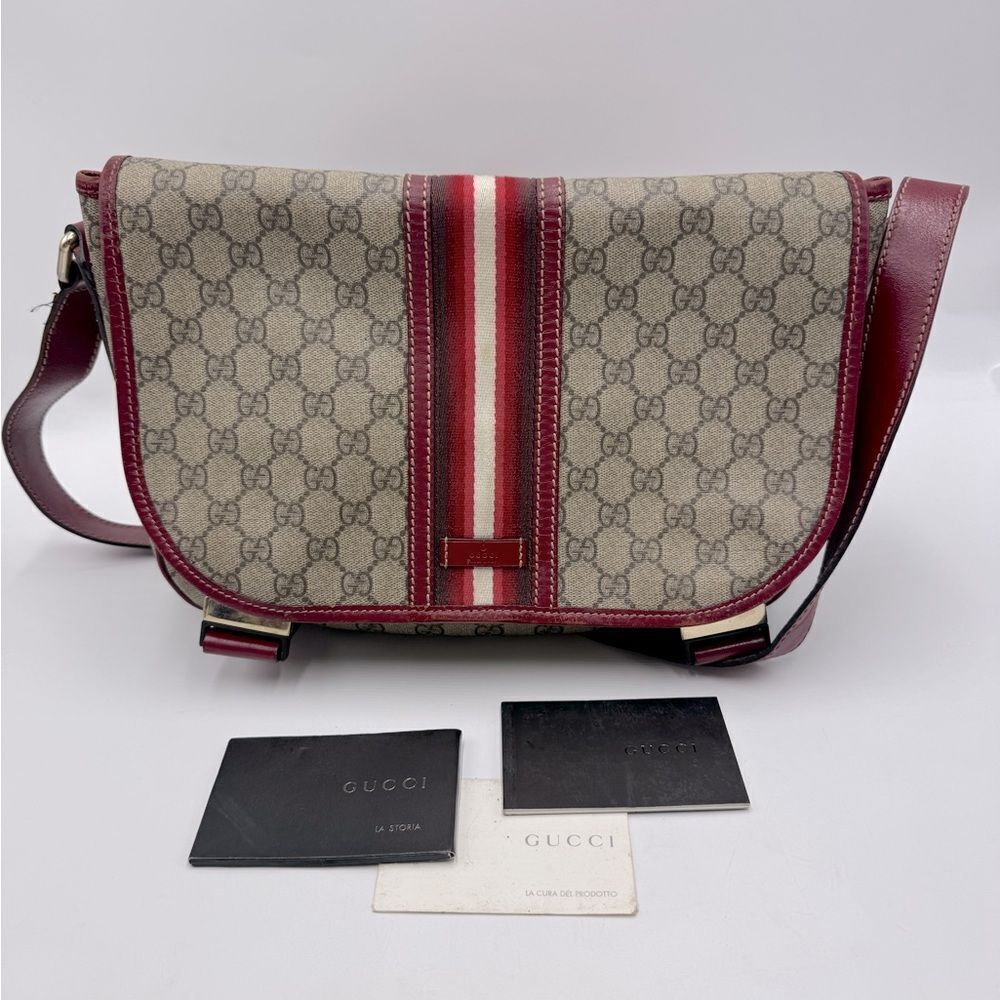 Auth Gucci Brown Supreme PVC Red Leather Trim Messenger Bag Monogram Sherry Line
